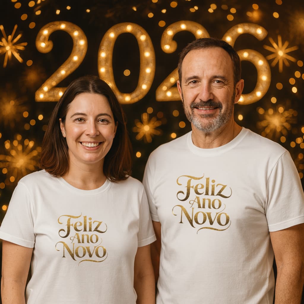 Camiseta Camisa De ano novo Família Casal Presente de Natal Verão Feliz 2026 Malha premium 100% Algodão