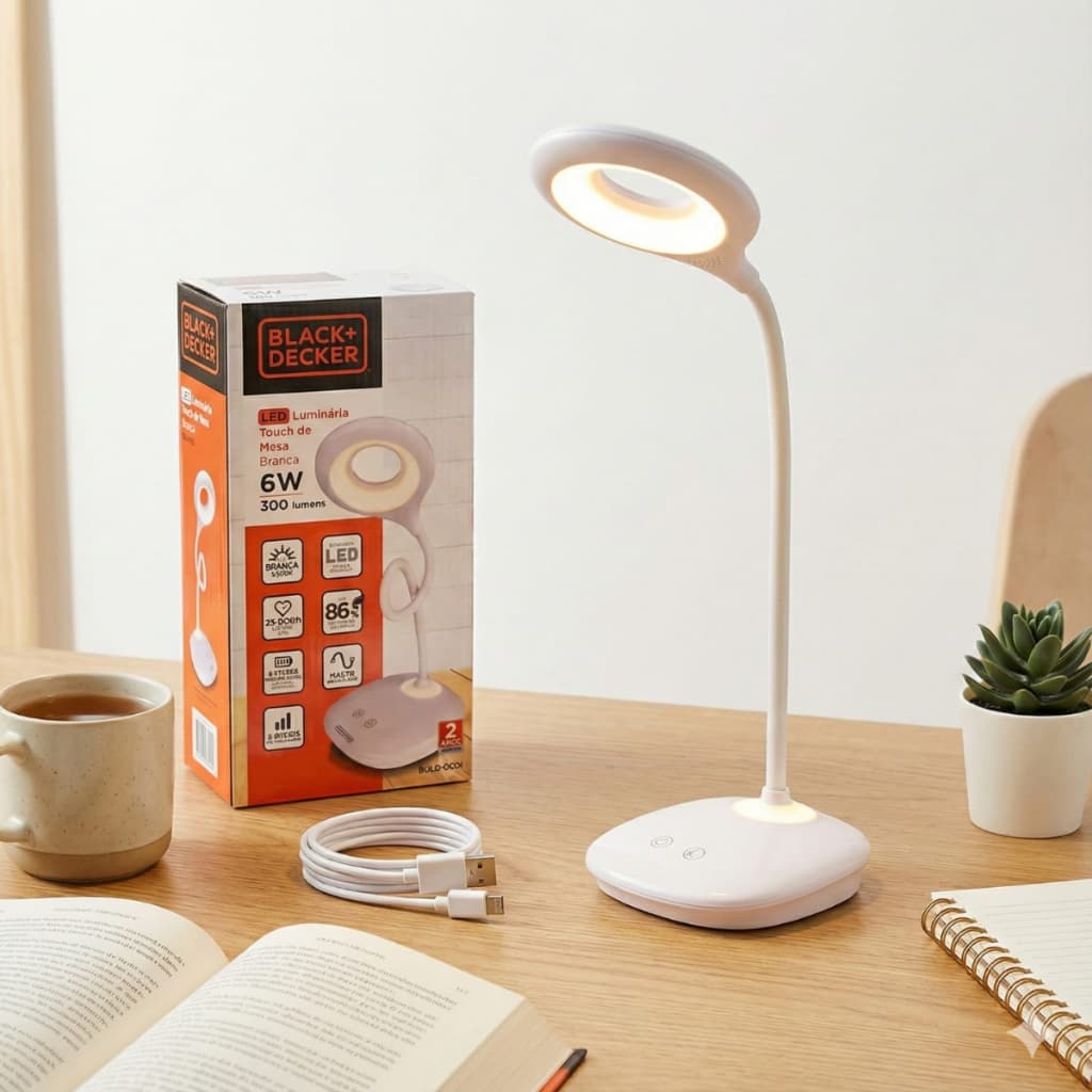 Luminária Led Touch de Mesa Haste Articulada Recarregável Luz Branca