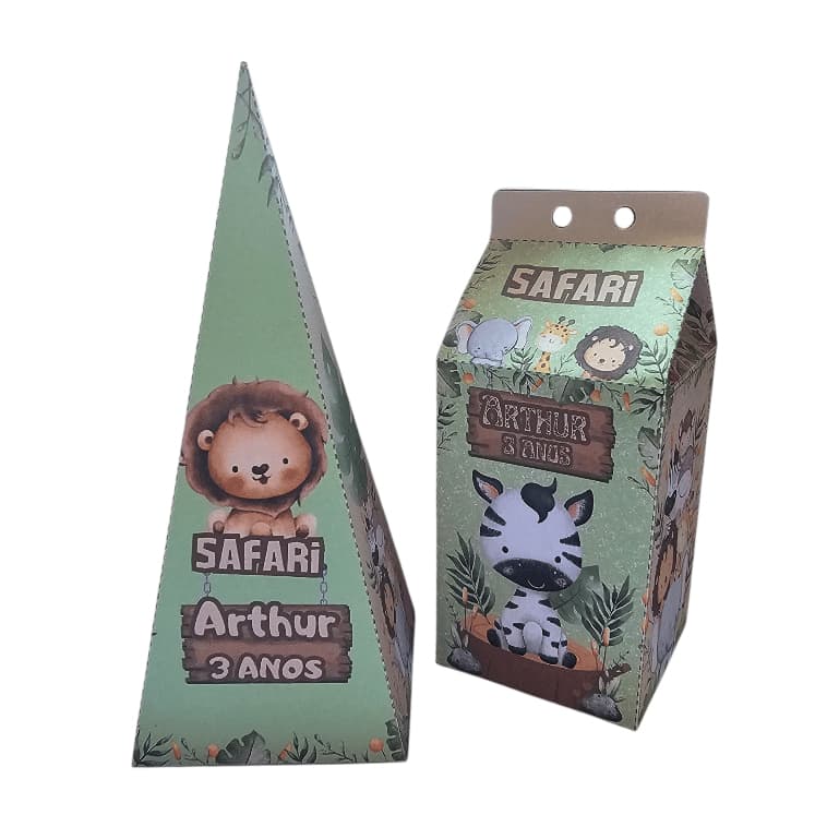 Kit 30 Caixas Personalizadas Safari 15 Milk 15 Pirâmide Lembrancinha Festa Infantil - PARA RECORTE - somente impressão