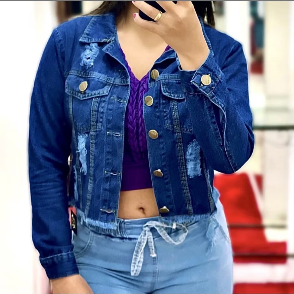 Jaqueta Jeans Feminina Escura Desfiada Linha Premium