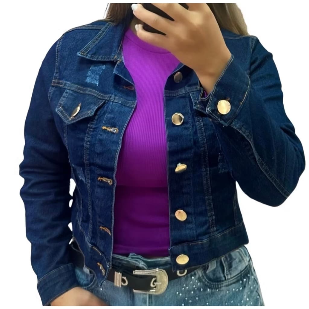 Jaqueta Jeans Feminina Escura Barra Feita Linha Premium