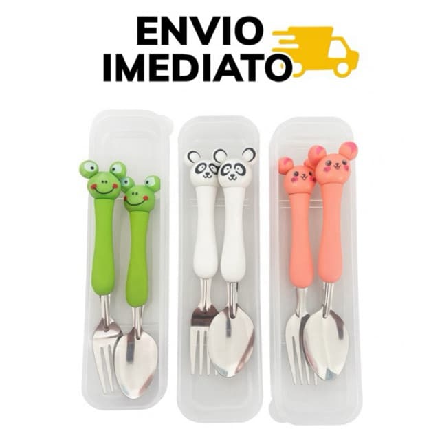 Kit Talheres Infantis com Estojo 15cm – Colher e Garfo Infantil Antiderrapante em Aço Inox