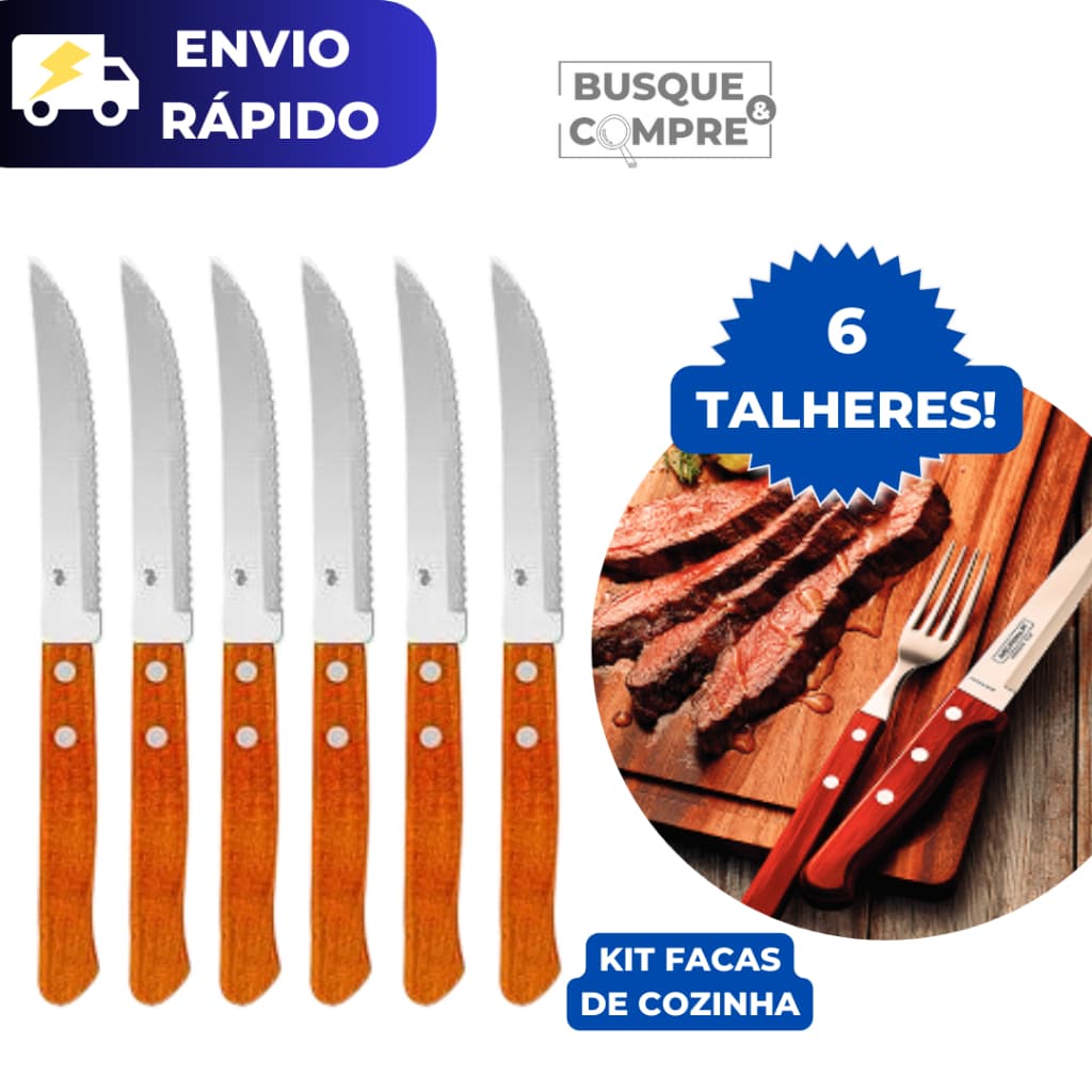 Jogo de 6 Facas Talheres Peças de Metal com Cabo de Madeira Cozinha Louça Talher Almoço