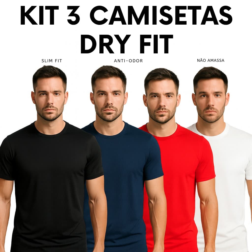Kit 3 Camisetas Poliéster DryFit Masculina Lisa Academia Corrida Casual Esportes Confortável