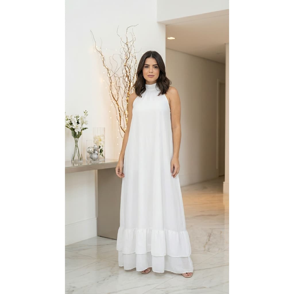 Vestido Feminino Longo Ipanema Soltinho Frente Única Gola Alta Réveillon Ano Novo Casamento Praia