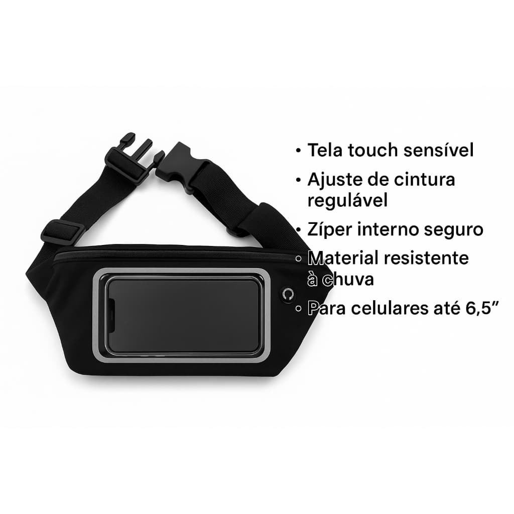 Pochete Esportiva de Corrida Antifurto com Tela Touch, Zíper Impermeável e Ajuste de Cintura – Para Celulares até 6.5”