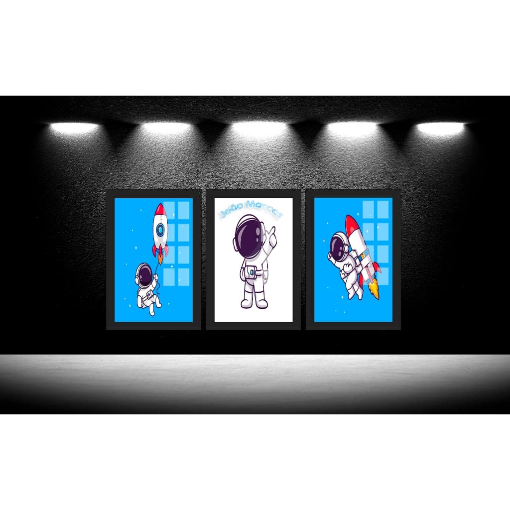 Quadros Decorativos 3p astronauta azul nome personalizado quarto infantil