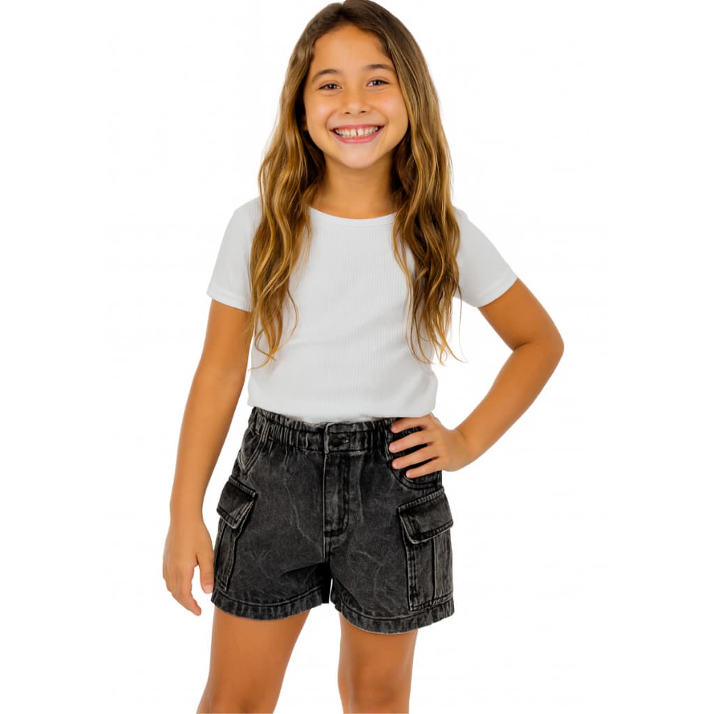 Short Jeans Juvenil Cargo – Modelo Preto e Azul, Super Estiloso e Confortável para Meninas
