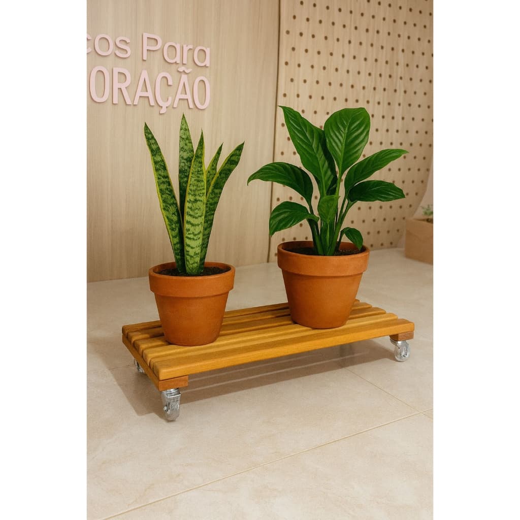 Suporte Para Vaso de Plantas Com Rodinhas De Silicone Em Madeira Garapeira