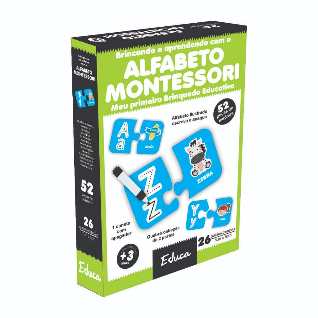 Alfabeto Jogo Educativo Infantil Quebra-cabeça Mdf 52 pçs Pedagógico Alfabetização Risca Apaga