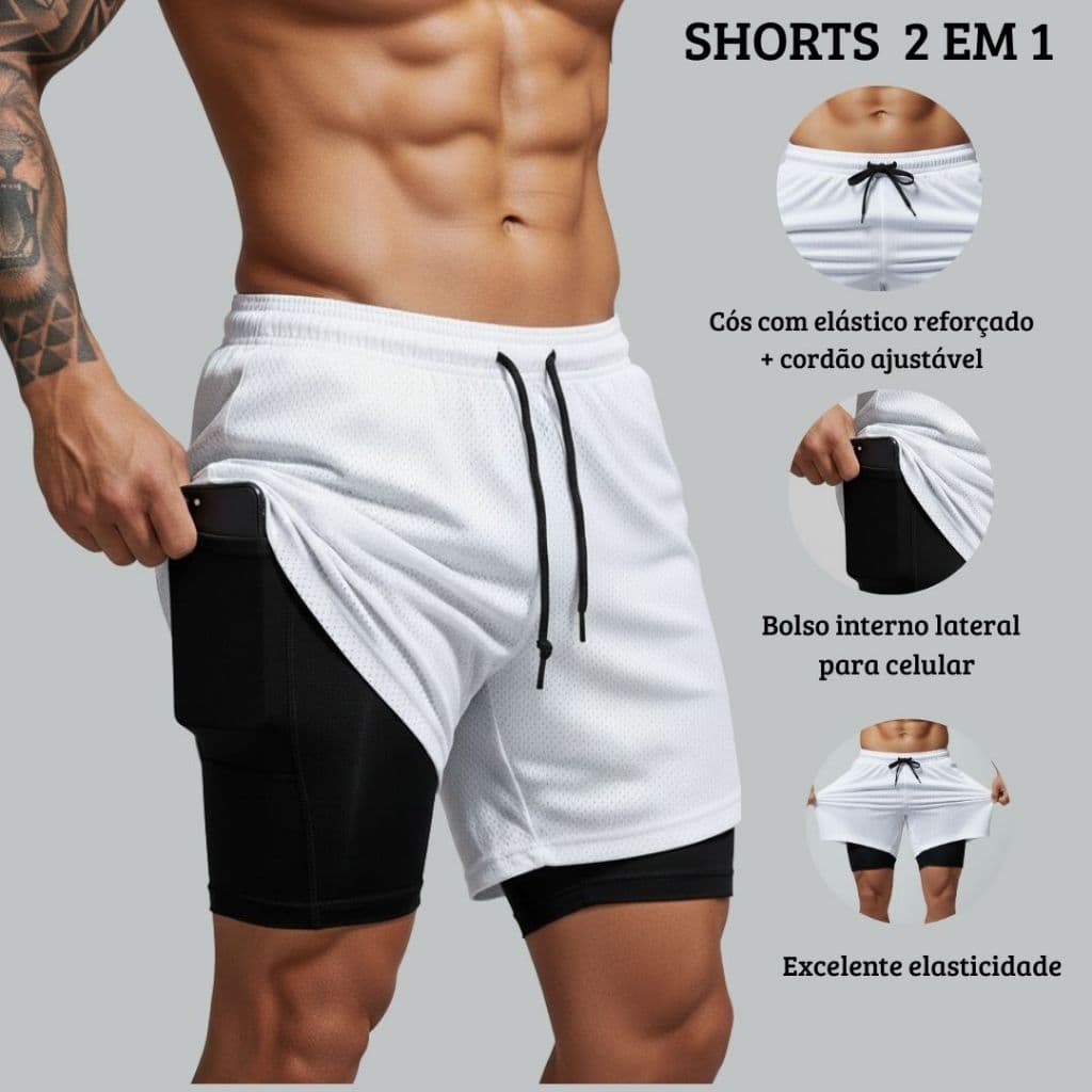 Shorts 2 em 1 Masculino Dry Fit e Forro de Compressão Com Bolso Interno