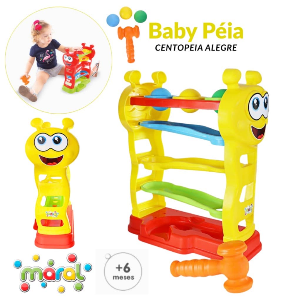 Brinquedo Baby Peia Maral Educativo | Bater com Martelinho 3 Bolinhas que deslizam para Bebês