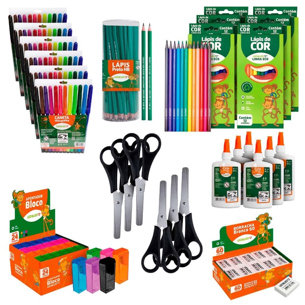 Kit Material Escolar Lápis de Cor Tesoura Cola Borracha Apontador Canetinha