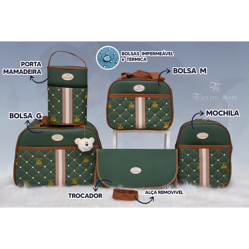 Kit Bolsa Maternidade Urso com Perola  5 Peças (Verde Militar)