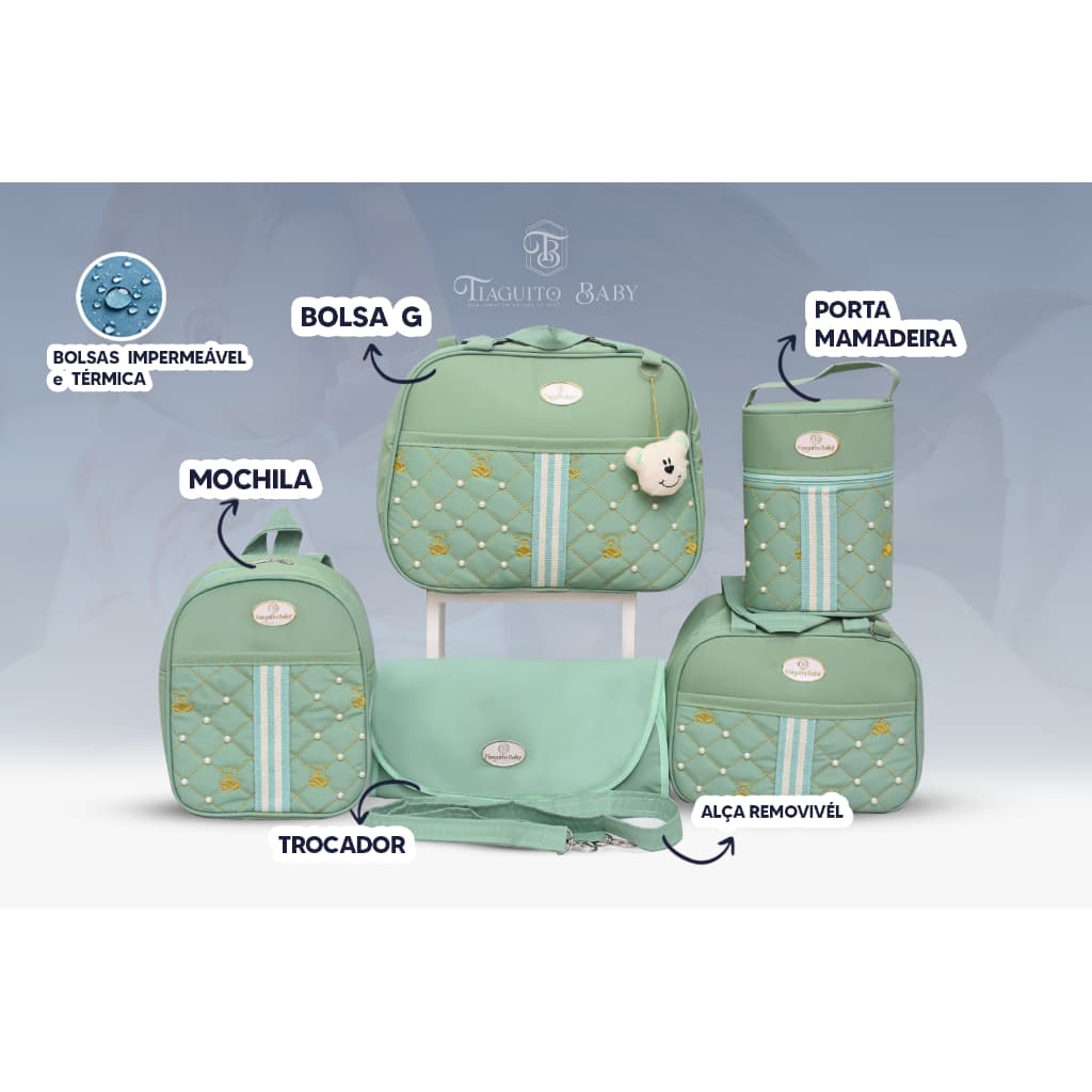 Kit Bolsa De Maternidade Urso Com Perola 5 Peças (Verde Cha)