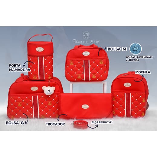 Kit Bolsa Maternidade Urso Com Perola 5 Peças (Vermelha)