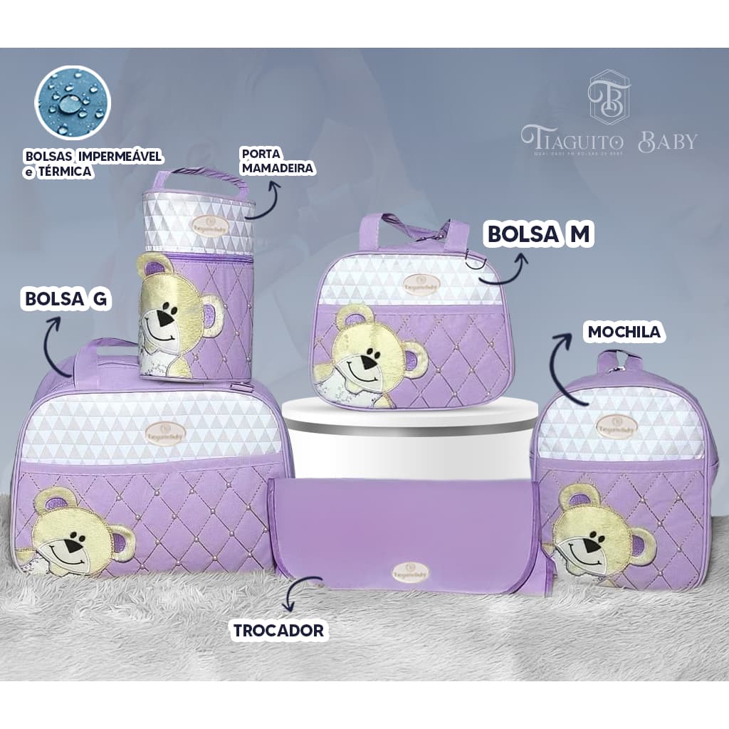 Kit Bolsa Maternidade Urso De Lado 5 Peças(lilas)