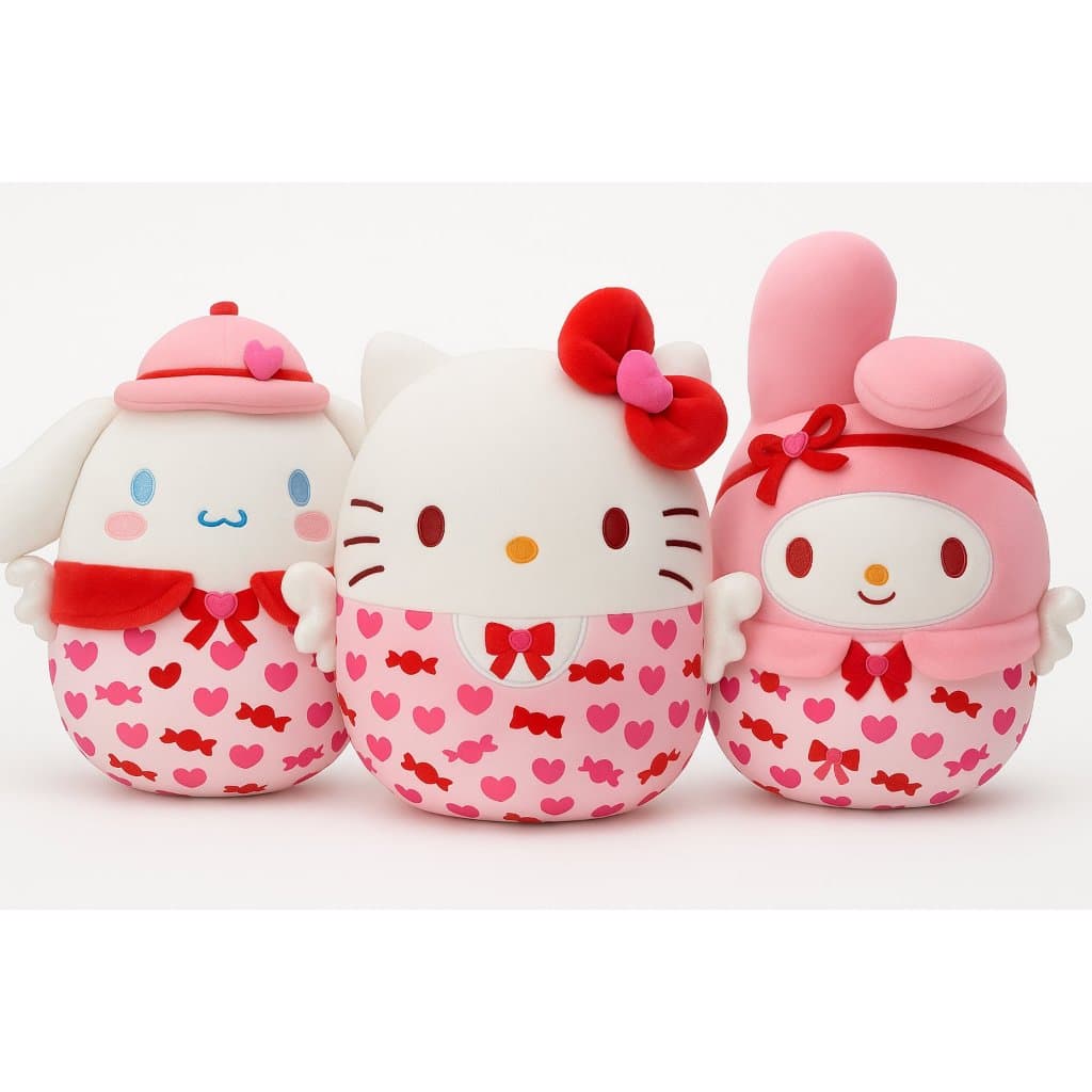 Pelúcia Sanrio Valentine 20cm – Hello Kitty / Cinnamoroll / My Melody – Super Fofa e Macia