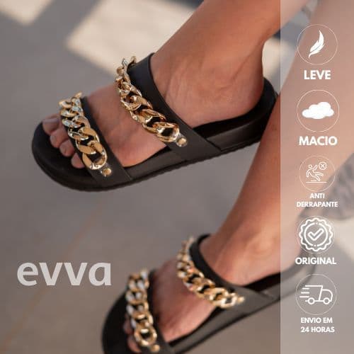 Chinelo Slide FLAT Feminino Evva Correntes Douradas Conforto e Estilo Diversas Cores