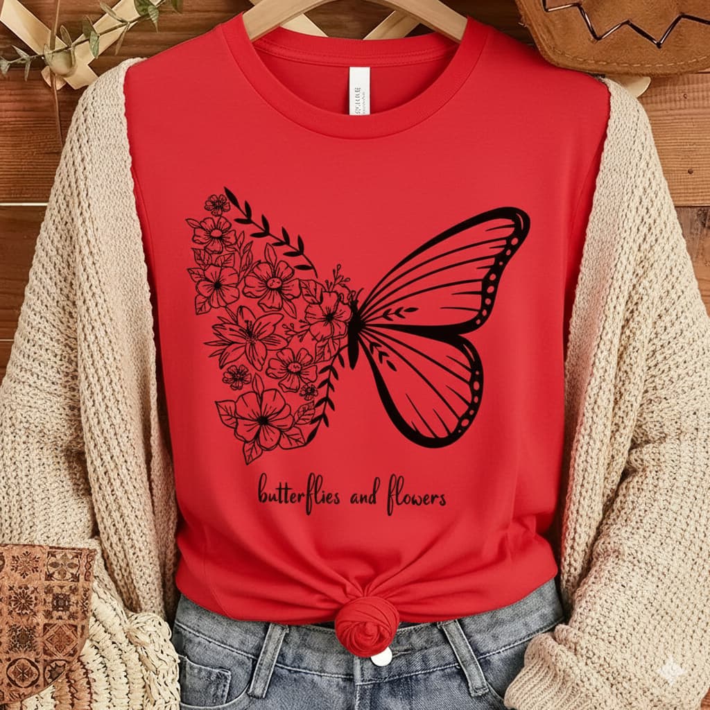 Camiseta Feminina Borboleta e Flores Camisa Estampada 100% Algodão Tendencia Moda Tecido Leve Premium