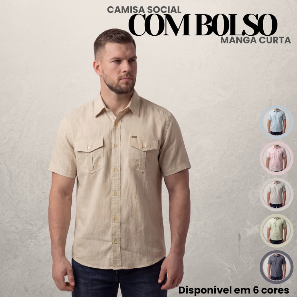 Camisa Manga Curta Bolso Prega Macho Masculina Marrakesh 100% Algodão