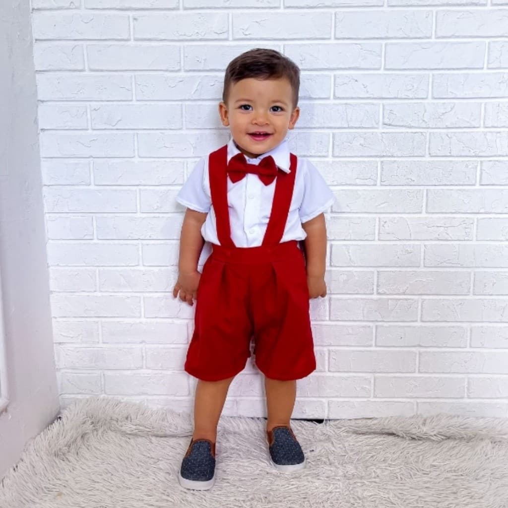 Conjunto Camisa, Shorts com Suspensório e Gravata Vermelho Branco Social Casamento Batizado Natal