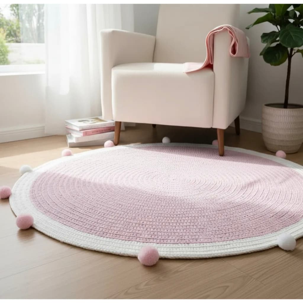Tapete Quarto Do Bebê Menina Rosa e Off Pompom Tapete de Crochê