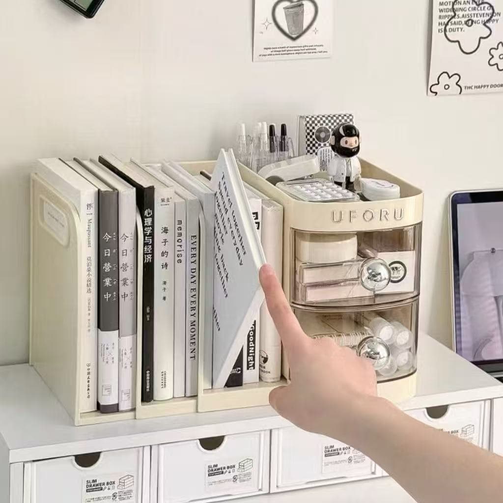 Organizador Retrátil de Mesa com Estante de Livros e Gavetas – Design Funcional