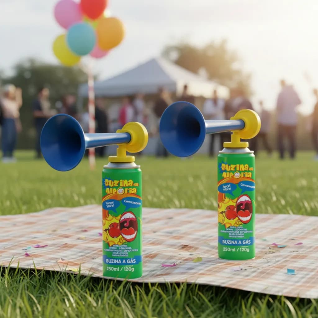 Kit Buzina da Alegria Spray com Corneta 215ml Festa Carnaval Casamento Confraternização Copa Eventos