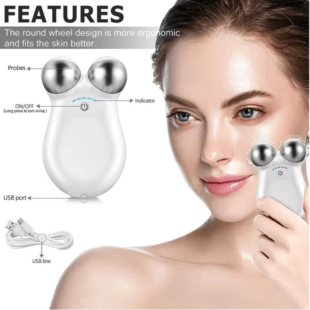 Massageador Facial Branco Ems Microcurrent Aparelho Lifting Antienvelhecimento, Reduz Rugas Olheiras