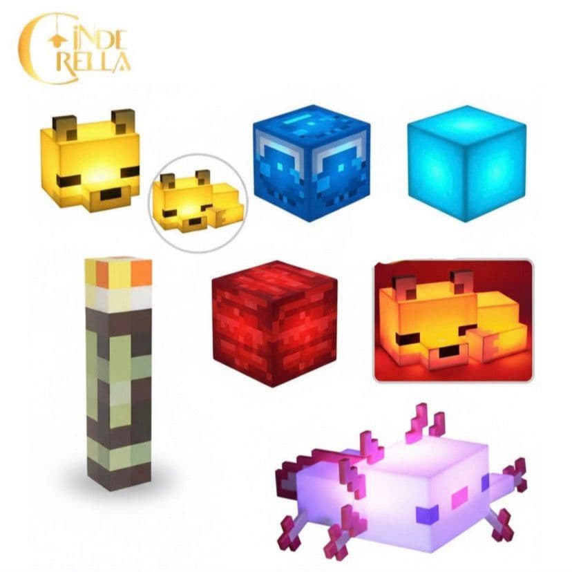 Luminária Minecraft Decorativa LED RGB – Raposa / Axolote / Minério / Tocha – Infantil e Geek
