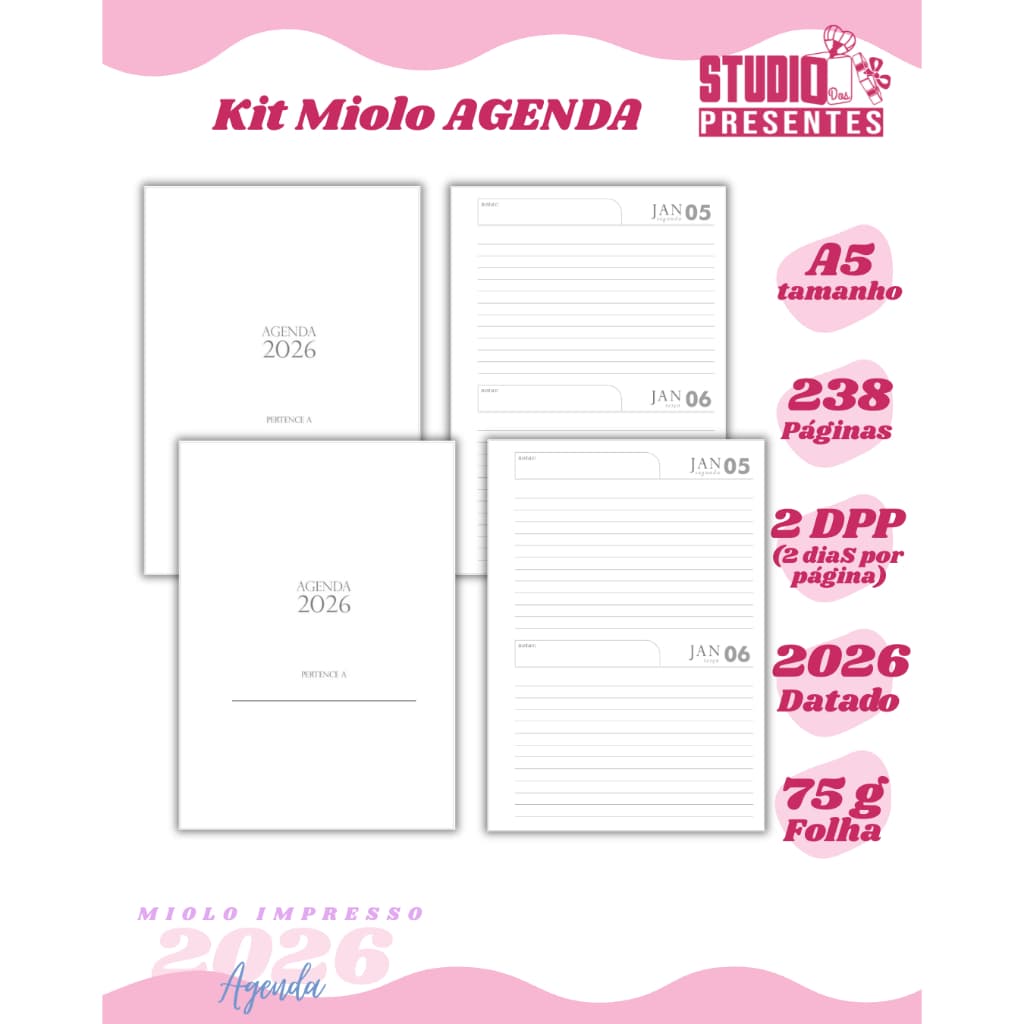 KIT2 miolo agenda 2dpp 2026 datada impressao alta qualidade 2 unidades tinta pigmentada