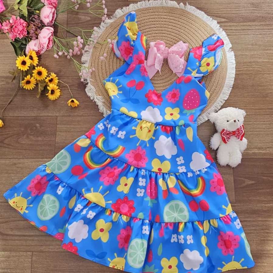 Vestido estampado de Arco-íris azul , casual e perfeito para festas - moda feminina - Moda infantil
