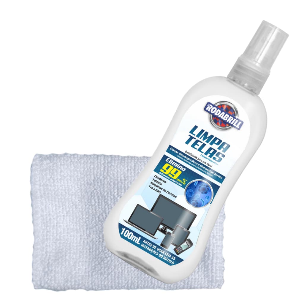 Kit Limpa Telas Rodabrill: Limpeza, Desengordurante e Eliminação de 99,9% de Germes e Bactérias + pano de microfibra