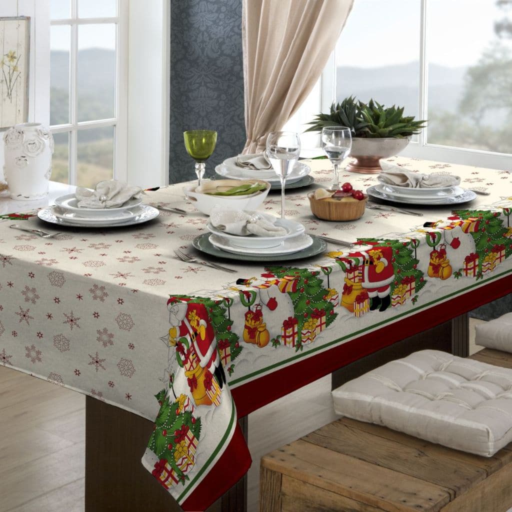 Toalha De Mesa De Natal 49% Algodão 6 Lugares Retangular 1,40x2,10m, 4 Lugares Quadrada 1,40x1,40m e Redonda 1,40m