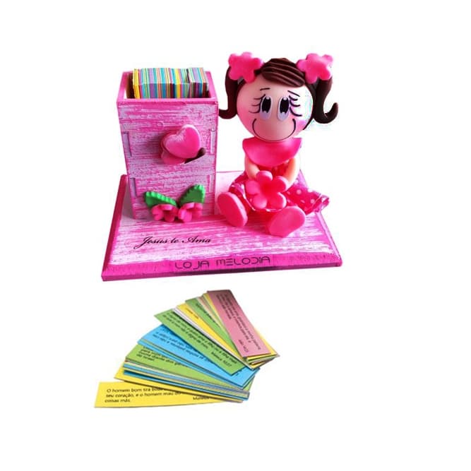 Caixa De Promessa Boneca de bisqui Pintada Rosa cabelo preto Mdf