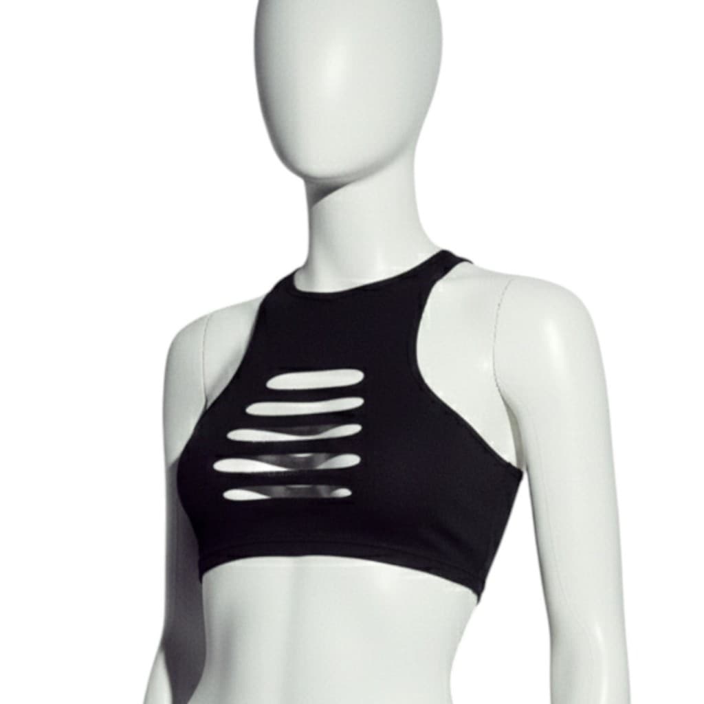 Cropped preto decote estilo rasgado simples, gola redonda, manga braçadeira, shein