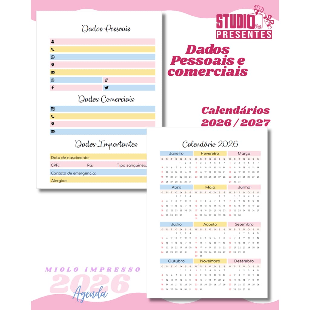 KIT COM 2 miolos agenda COLOR FULL PERMANENTE/DATADA 2dpp 2026 impressao alta qualidade 2 unidades / tinta pigmentada