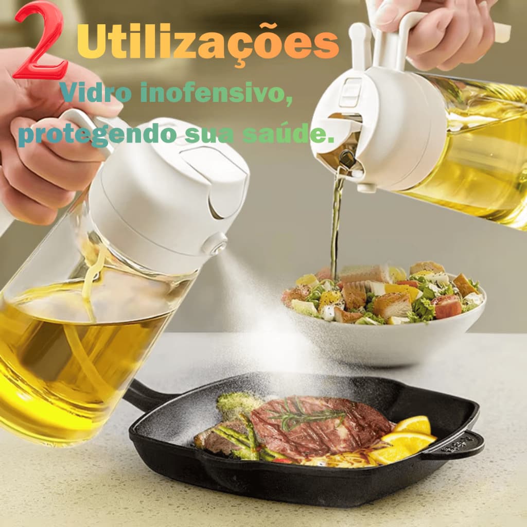2 em 1 Azeiteiro Vinagreiro Spray De Vidro Com Botao Bico Dosador Tampa E Alca De Plastico 470ml