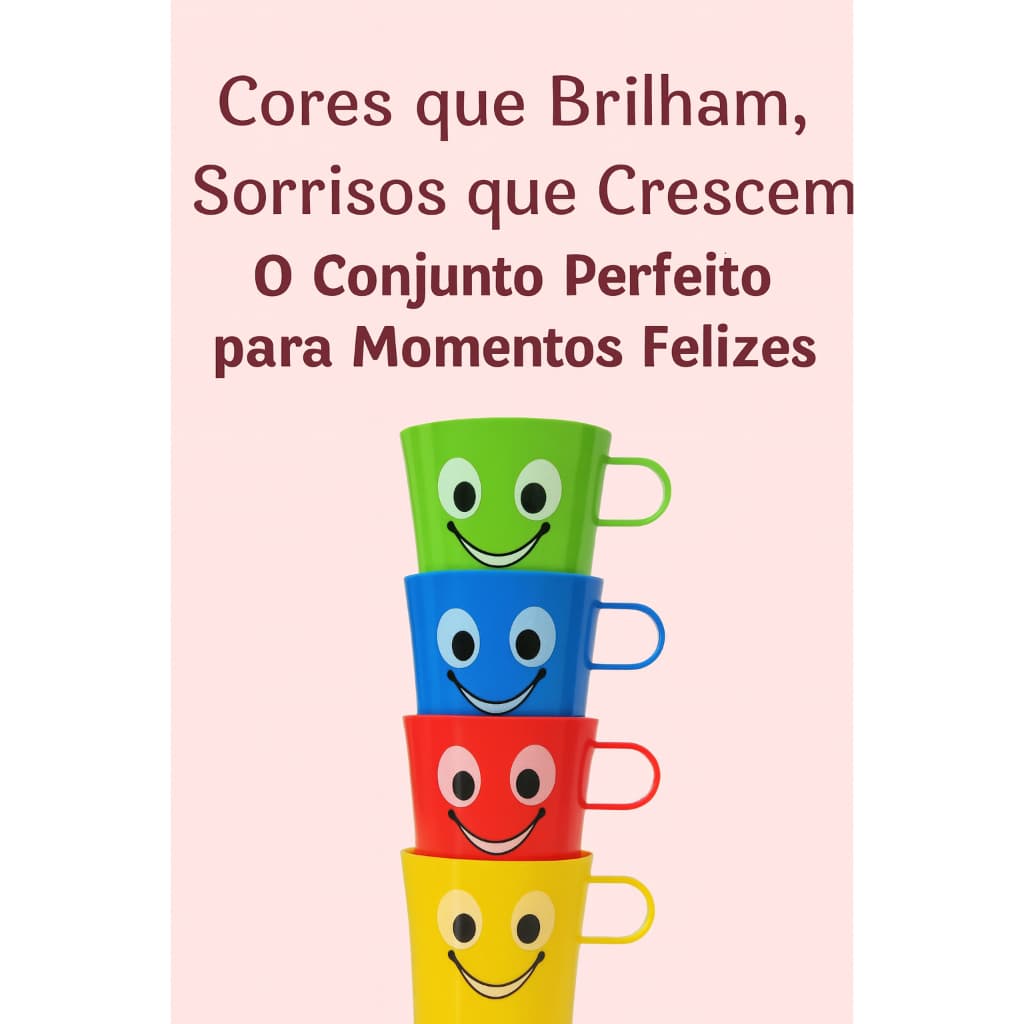 Kit 4 Copos Infantis com Carinhas Sorridentes – Cores Vibrantes!