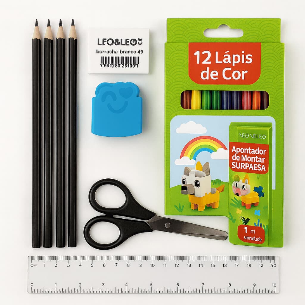 Kit Escolar Infantil Intermediario Leo&Leo – 4 Lápis  + 12 Lápis de Cor +  3 Borrachas + Régua + Tesoura + Apontador