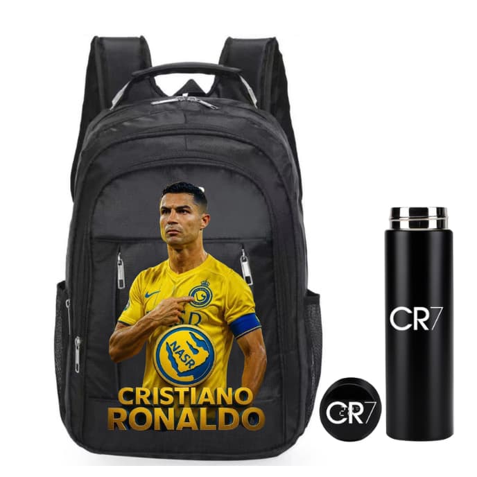 BOLSA MOCHILA ESCOLAR FACULDADE CRISTIANO CR7 + GARRAFA TERMICA ALÇA METAL RESISTENTE