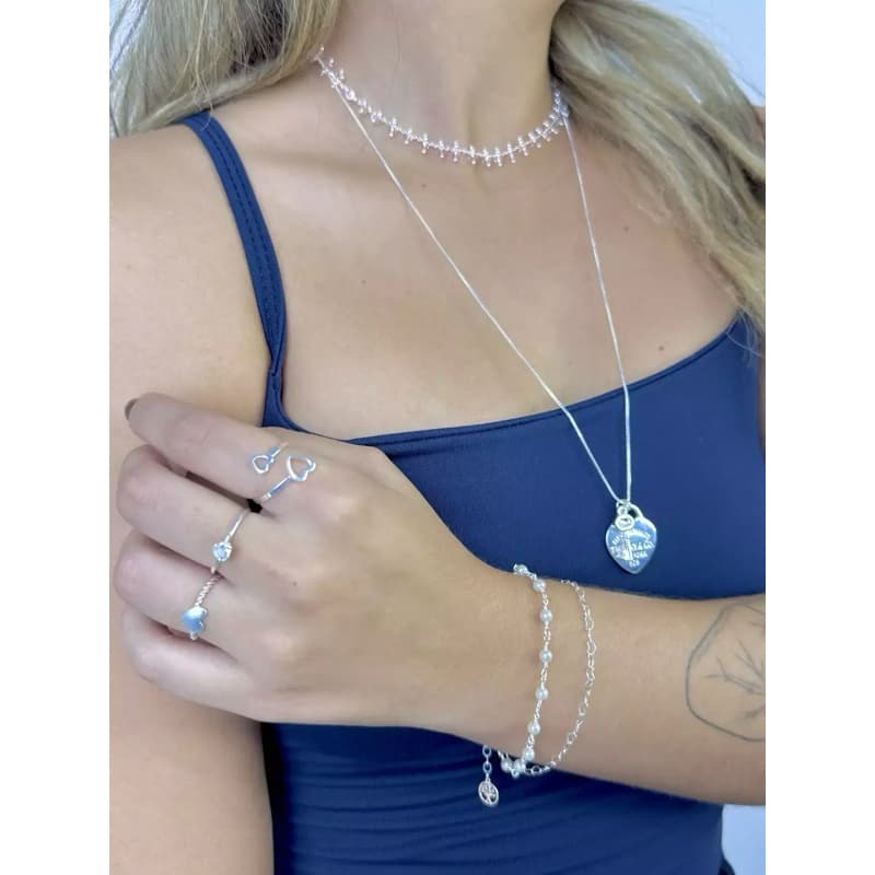 Pulseira dupla elo coração + pérolas banhada a prata