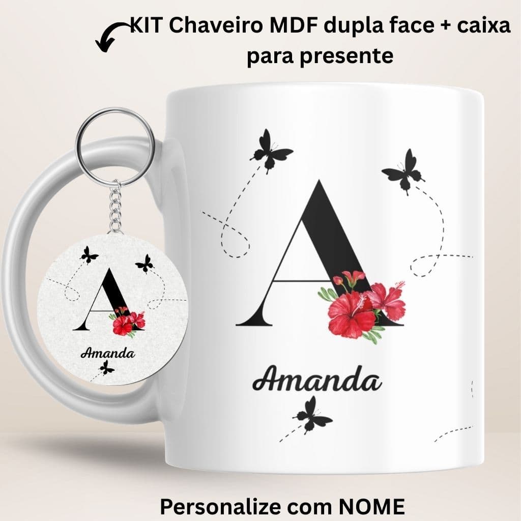 kit caneca personalizada nome + chaveiro MDF + caixa coração -presente amiga-mãe-professora-avó