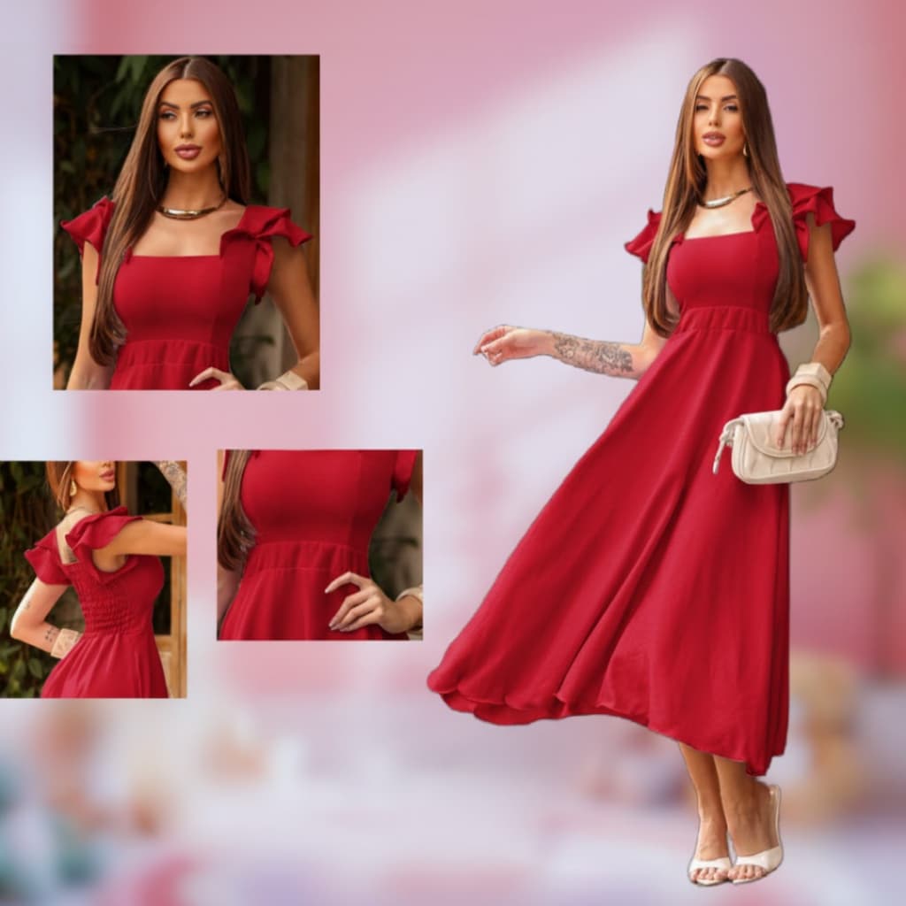 Vestido Longo Casual Chic Feminino, Modelagem Acinturada, Saia Ampla e Detalhes Delicados