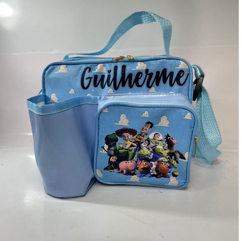 Bolsa maleta 24x19 personalizada toy story infantil com bolso extra para copo