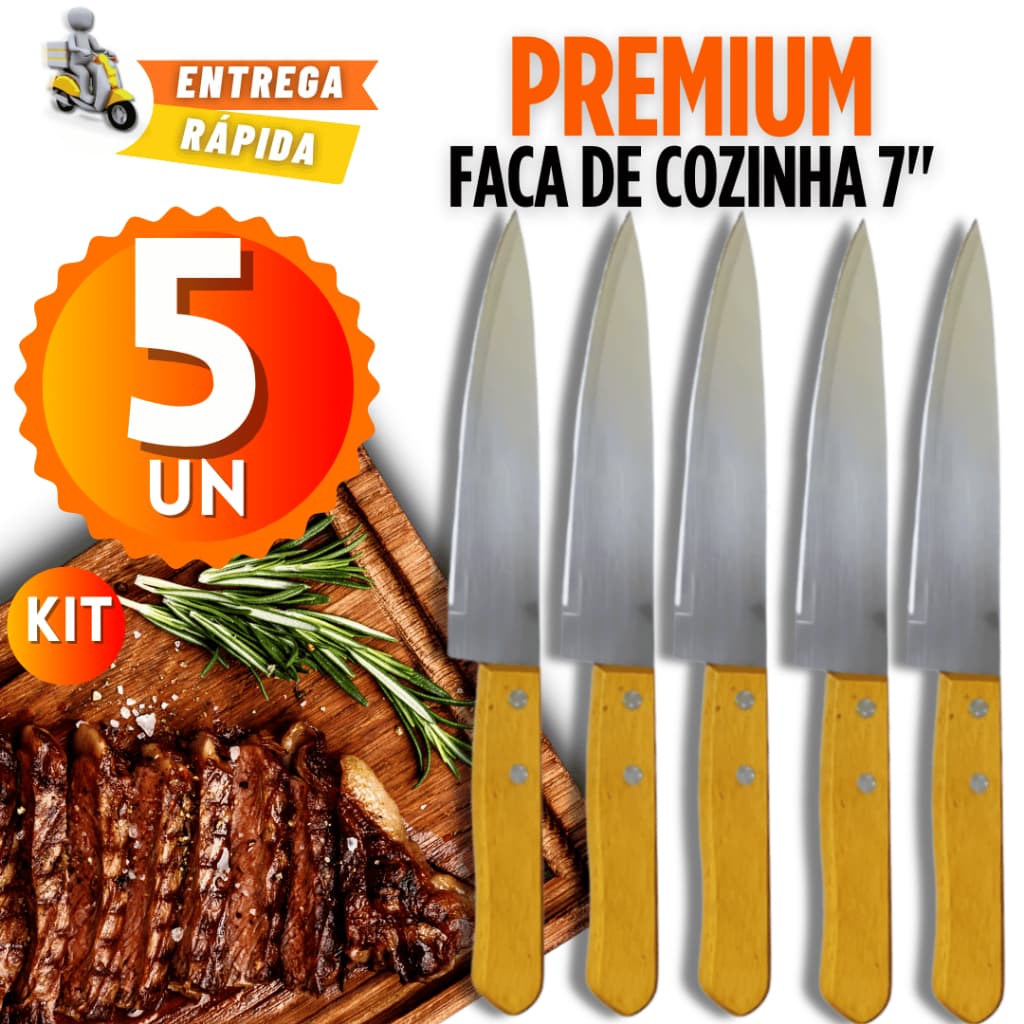 Kit 5/4/2 Facas de Cozinha  7" Aço Inox com Cabo de Madeira Churrasco Corte Preciso Premium Utilidades