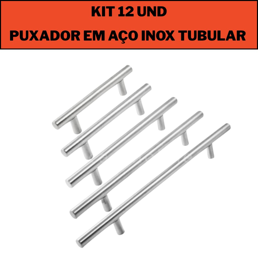 Kit 12 UND Puxador em Aço Inox Tubular  6,4 cm - 51,2 cm