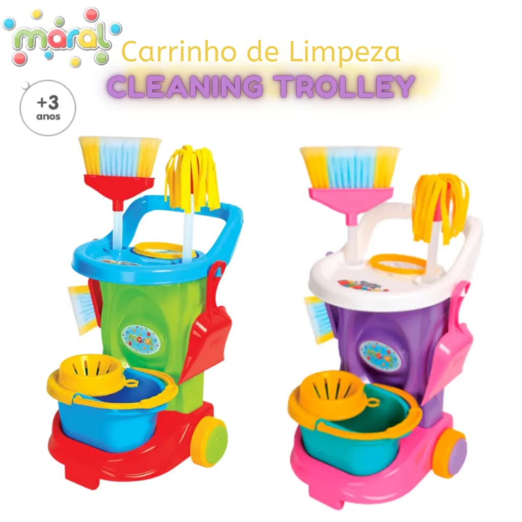 Carrinho de Limpeza Infantil Maral Rosa e Colorido Brinquedo de Faz de Conta