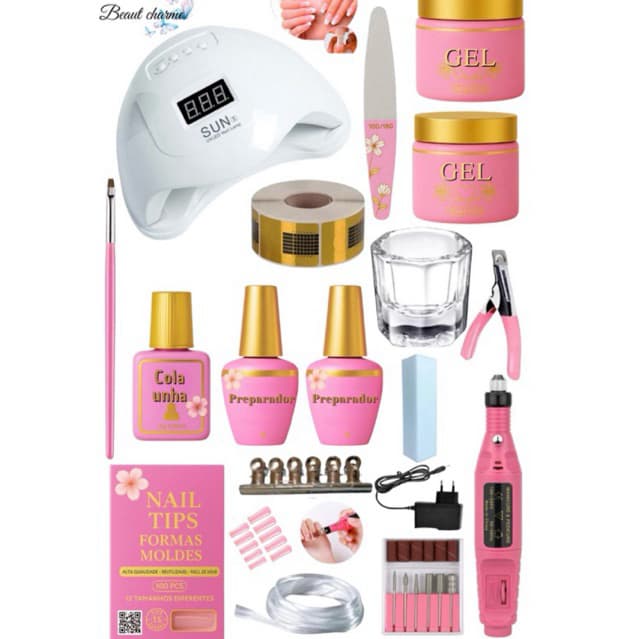 Kit Manicure  Iniciante Extensão de Unha Gel UV Acrigel Lixa Lixadeira Elétrica Cabine Estufa Sun 5 48w 24 LEDs